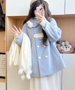 Blue Woolen Winter Loose Coat with Doll Collar, Double-Breasted Design, Cute Pudding Bear JK Uniform Style