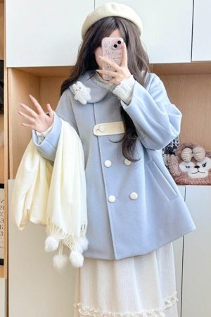 Blue Woolen Winter Loose Coat with Doll Collar, Double-Breasted Design, Cute Pudding Bear JK Uniform Style