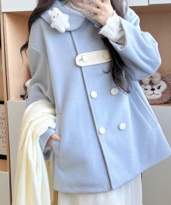 Blue Woolen Winter Loose Coat with Doll Collar, Double-Breasted Design, Cute Pudding Bear JK Uniform Style