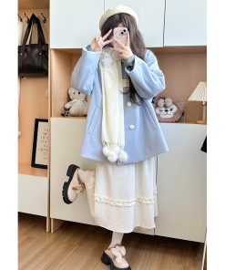 Blue Woolen Winter Loose Coat with Doll Collar, Double-Breasted Design, Cute Pudding Bear JK Uniform Style
