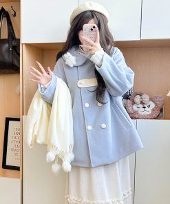 Blue Woolen Winter Loose Coat with Doll Collar, Double-Breasted Design, Cute Pudding Bear JK Uniform Style