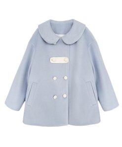 Blue Woolen Winter Loose Coat with Doll Collar, Double-Breasted Design, Cute Pudding Bear JK Uniform Style