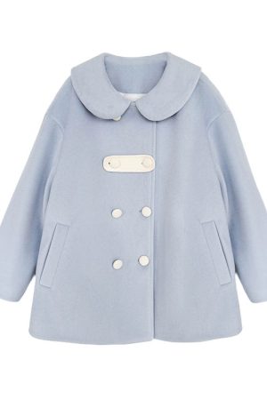 Blue Woolen Winter Loose Coat with Doll Collar, Double-Breasted Design, Cute Pudding Bear JK Uniform Style