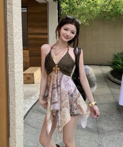 Bohemian Color-Block Deep V Beaded Neck Hanging Top - Sexy Poet Style for Hot Girls, Perfect for 90s and Y2K Fashion Enthusiasts