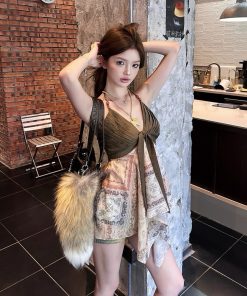 Bohemian Color-Block Deep V Beaded Neck Hanging Top - Sexy Poet Style for Hot Girls, Perfect for 90s and Y2K Fashion Enthusiasts