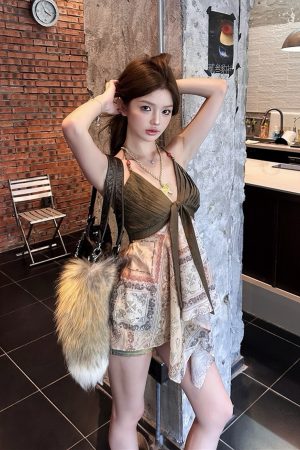 Bohemian Color-Block Deep V Beaded Neck Hanging Top - Sexy Poet Style for Hot Girls, Perfect for 90s and Y2K Fashion Enthusiasts