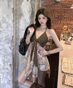 Bohemian Color-Block Deep V Beaded Neck Hanging Top - Sexy Poet Style for Hot Girls, Perfect for 90s and Y2K Fashion Enthusiasts