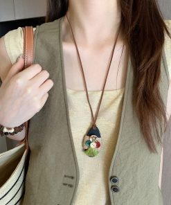 Bohemian Ethnic Style Long Layered Necklace with Wooden Pendant for Women - Vintage Chinese Inspired Accessory Trend