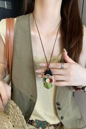 Bohemian Ethnic Style Long Layered Necklace with Wooden Pendant for Women - Vintage Chinese Inspired Accessory Trend