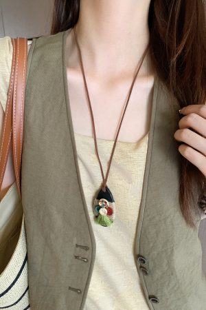 Bohemian Ethnic Style Long Layered Necklace with Wooden Pendant for Women - Vintage Chinese Inspired Accessory Trend