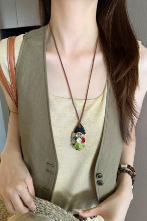 Bohemian Ethnic Style Long Layered Necklace with Wooden Pendant for Women - Vintage Chinese Inspired Accessory Trend