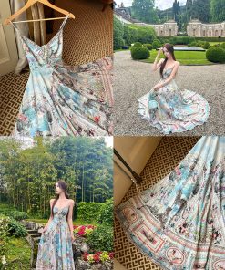 Bohemian Floral Print Long Maxi Dress for Women - White Spaghetti Strap Dress, Perfect for Summer and Y2K Style