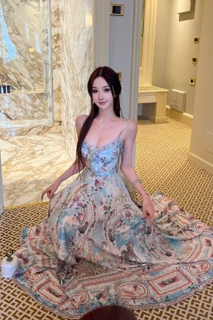 Bohemian Floral Print Long Maxi Dress for Women - White Spaghetti Strap Dress, Perfect for Summer and Y2K Style