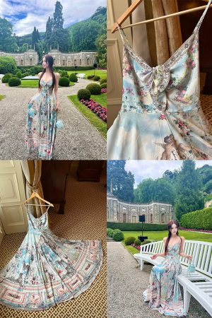 Bohemian Floral Print Long Maxi Dress for Women - White Spaghetti Strap Dress, Perfect for Summer and Y2K Style