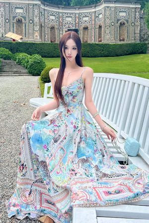 Bohemian Floral Print Long Maxi Dress for Women - White Spaghetti Strap Dress, Perfect for Summer and Y2K Style