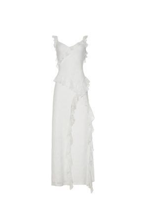 Bohemian French White Lace Split Strap Layered Dress for Summer Fashion, 90s-Inspired Style