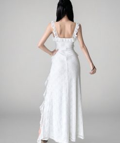 Bohemian French White Lace Split Strap Layered Dress for Summer Fashion, 90s-Inspired Style