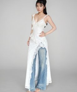 Bohemian French White Lace Split Strap Layered Dress for Summer Fashion, 90s-Inspired Style