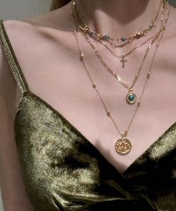 Bohemian Hollow Flower Pendant Cross Necklace for Women, Vintage Gold Multi-Layered Clavicle Chain Accessory