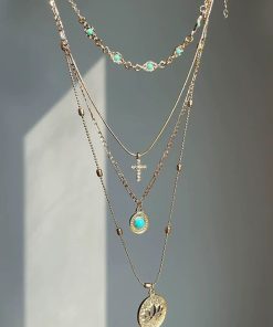 Bohemian Hollow Flower Pendant Cross Necklace for Women, Vintage Gold Multi-Layered Clavicle Chain Accessory