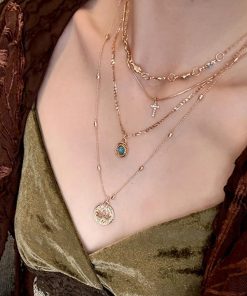 Bohemian Hollow Flower Pendant Cross Necklace for Women, Vintage Gold Multi-Layered Clavicle Chain Accessory
