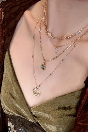 Bohemian Hollow Flower Pendant Cross Necklace for Women, Vintage Gold Multi-Layered Clavicle Chain Accessory
