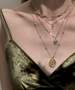 Bohemian Hollow Flower Pendant Cross Necklace for Women, Vintage Gold Multi-Layered Clavicle Chain Accessory