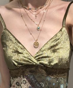 Bohemian Hollow Flower Pendant Cross Necklace for Women, Vintage Gold Multi-Layered Clavicle Chain Accessory