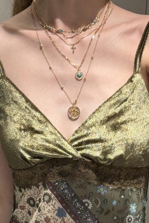 Bohemian Hollow Flower Pendant Cross Necklace for Women, Vintage Gold Multi-Layered Clavicle Chain Accessory