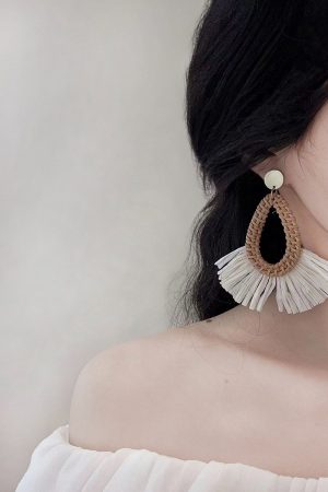 Bohemian Raffia Woven Tassel Earrings for Women - Exaggerated Ethnic Style Island Vacation Accessories