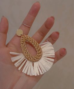 Bohemian Raffia Woven Tassel Earrings for Women - Exaggerated Ethnic Style Island Vacation Accessories