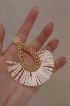 Bohemian Raffia Woven Tassel Earrings for Women - Exaggerated Ethnic Style Island Vacation Accessories