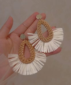 Bohemian Raffia Woven Tassel Earrings for Women - Exaggerated Ethnic Style Island Vacation Accessories
