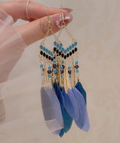 Bohemian Retro Feather Tassel Earrings for Women | Yunnan Ethnic Style Blue Long Clip-On Accessories for Travel Photography