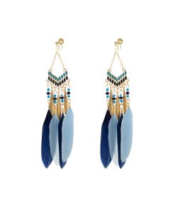 Bohemian Retro Feather Tassel Earrings for Women | Yunnan Ethnic Style Blue Long Clip-On Accessories for Travel Photography