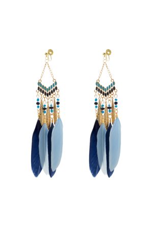 Bohemian Retro Feather Tassel Earrings for Women | Yunnan Ethnic Style Blue Long Clip-On Accessories for Travel Photography