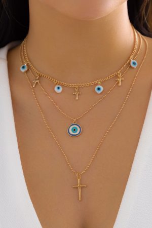 Bohemian Vintage Blue Evil Eye Pendant Necklace - French Minimalist Cross Jewelry for European and American Style