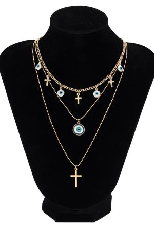 Bohemian Vintage Blue Evil Eye Pendant Necklace - French Minimalist Cross Jewelry for European and American Style