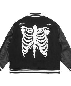 Bone Embroidery Heavyweight Woolen PU Leather Baseball Jacket - Versatile Loose Fit, Eco-Friendly Fashion