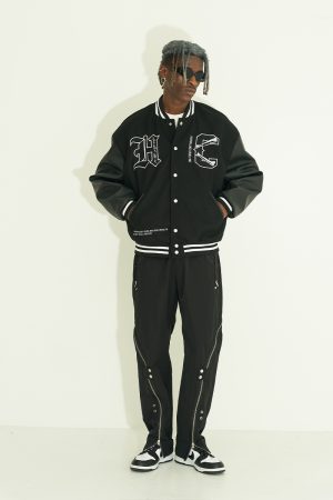 Bone Embroidery Heavyweight Woolen PU Leather Baseball Jacket - Versatile Loose Fit, Eco-Friendly Fashion