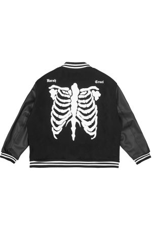 Bone Embroidery Heavyweight Woolen PU Leather Baseball Jacket - Versatile Loose Fit, Eco-Friendly Fashion