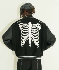 Bone Embroidery Heavyweight Woolen PU Leather Baseball Jacket - Versatile Loose Fit, Eco-Friendly Fashion