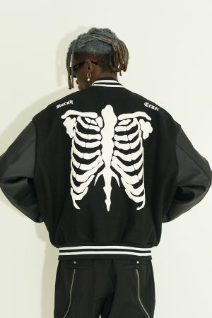 Bone Embroidery Heavyweight Woolen PU Leather Baseball Jacket - Versatile Loose Fit, Eco-Friendly Fashion