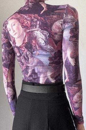 Bra Aesthetic Outfits, Messy Aesthetic Outfit - Y2K Angel Graphic Mesh Top