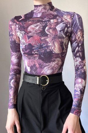 Bra Aesthetic Outfits, Messy Aesthetic Outfit - Y2K Angel Graphic Mesh Top