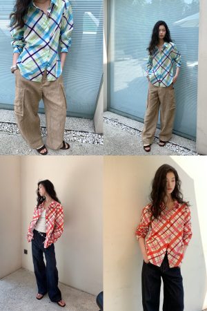 Breathable Cotton Summer Vacation Shirt in Red and Blue Plaid, Waist-Cinching Design for Effortless Old Money Style