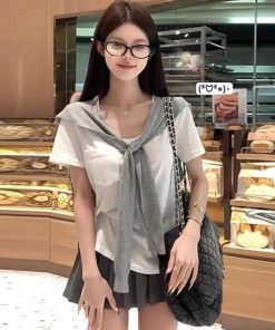 Breathable Sun-Protective Short Sleeve T-Shirt and Shawl Two-Piece Set with A-Line Skirt - Women's Summer Versatile Solid Color Outfit