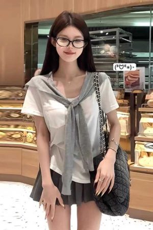 Breathable Sun-Protective Short Sleeve T-Shirt and Shawl Two-Piece Set with A-Line Skirt - Women's Summer Versatile Solid Color Outfit