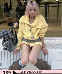 Bright Yellow Wool Blend Lapel Knitted Cardigan - Loose Long Sleeve Sweater Coat for Effortless Style