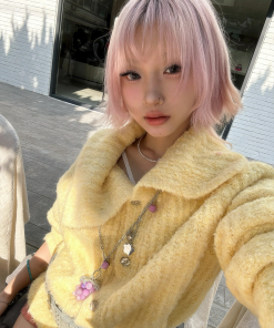 Bright Yellow Wool Blend Lapel Knitted Cardigan - Loose Long Sleeve Sweater Coat for Effortless Style